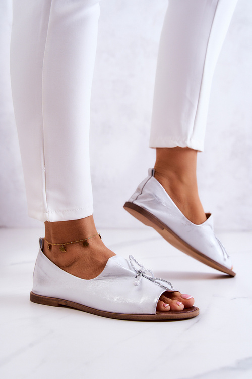 Women's Leather Ballerina Flats Zazoo 2660 White-Silver