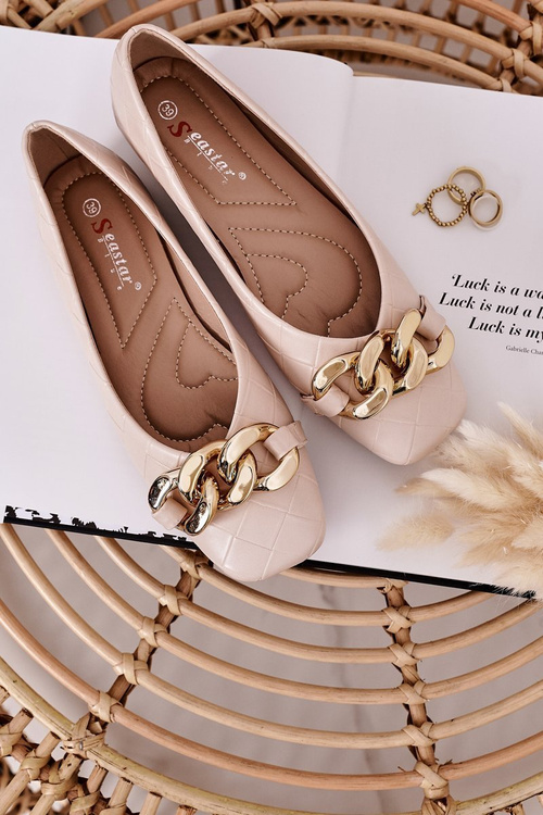 Elegant Quilted Ballerina With Chain Beige Coco