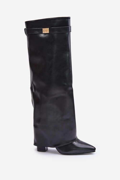Women's Eco Leather Boots With Rolled Shaft On Heel Black Avamora