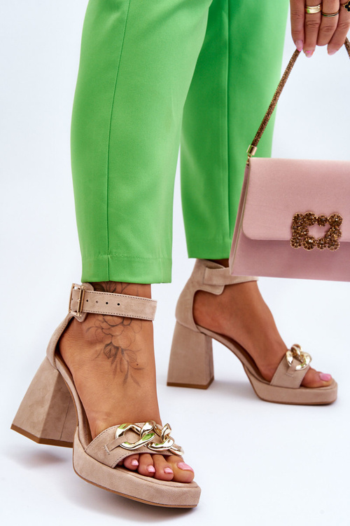 Women's Suede Sandals With Massive Heels Leewski Shoes 3207 Beige