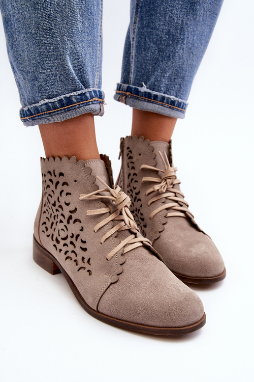 Botki Damskie Ażurowe Sznurowane Beżowe Zazoo 2871