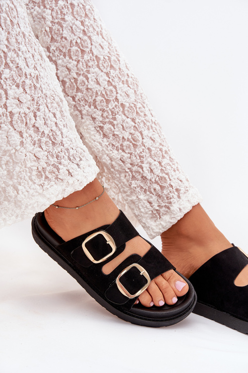 Damskie Klapki Eko Zamszowe Platforma Złote Klamry Czarne Verena