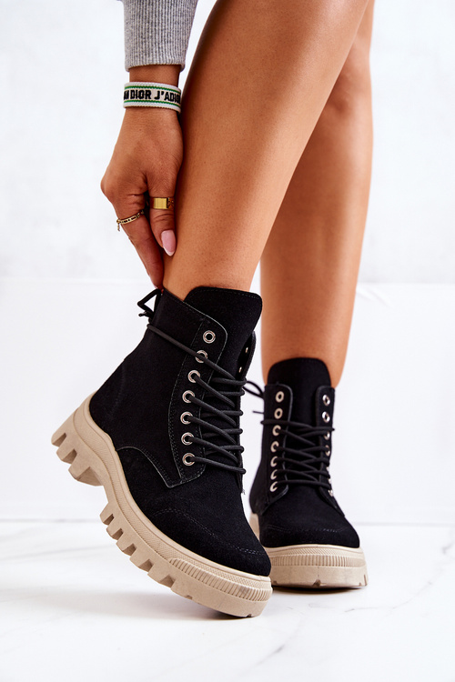 Botki Trapery Zamszowe Wiązane Czarne Hurricane