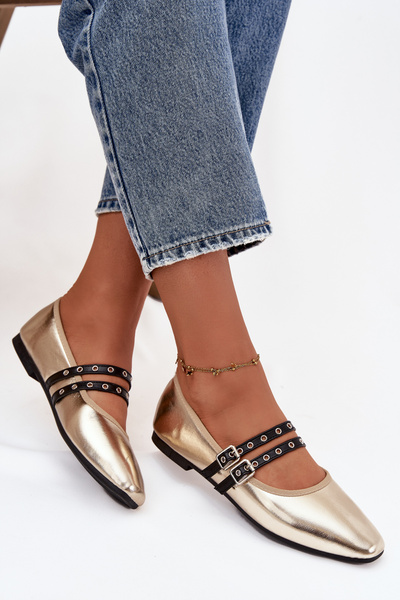 Baleriny Z Paskami Eko Skórzane Złote Deliora