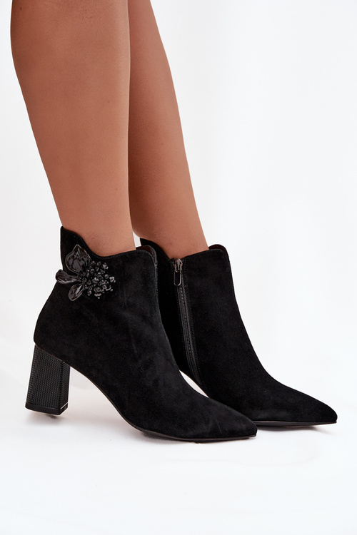 Suede women's ankle boots with embellishment D&A CR52-686 Black