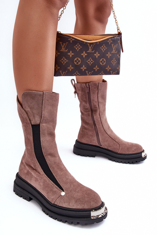 Women's Faux Suede Padded Flat Heel Ankle Boots Dark Beige Palimra