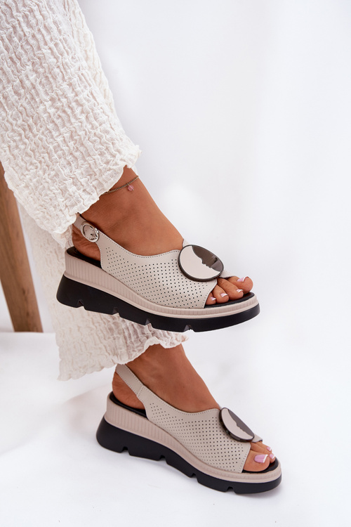 Leather Women's Wedge Sandals with Decoration S.Barski LR51-788 Beige