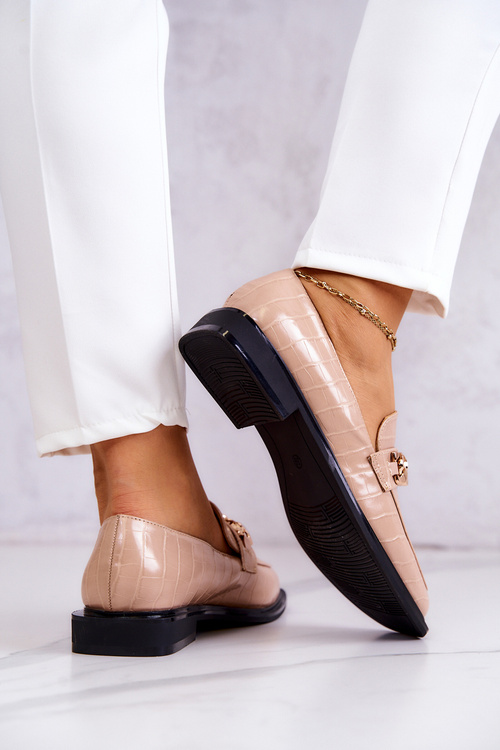 Mokasyny Loafery Skórzane Z Łańcuchem Beżowe Killen