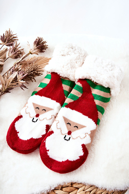 Long Socks Christmas Pattern Santa Claus Green and beige