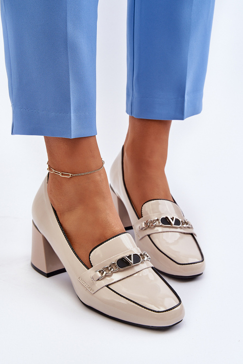 Beige Patent Low Heel Court Shoes with Embellishment Makki