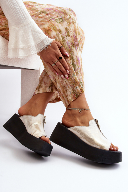 Zazoo 2916 Women's Slippers on Chunky Platform with Zipper Gold