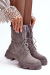 Workery Botki Sznurowane Zamsz Futerko Szare DA96P