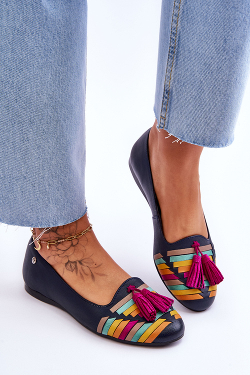 Leather Ballerinas With Fringes Maciejka 04016-17 Navy