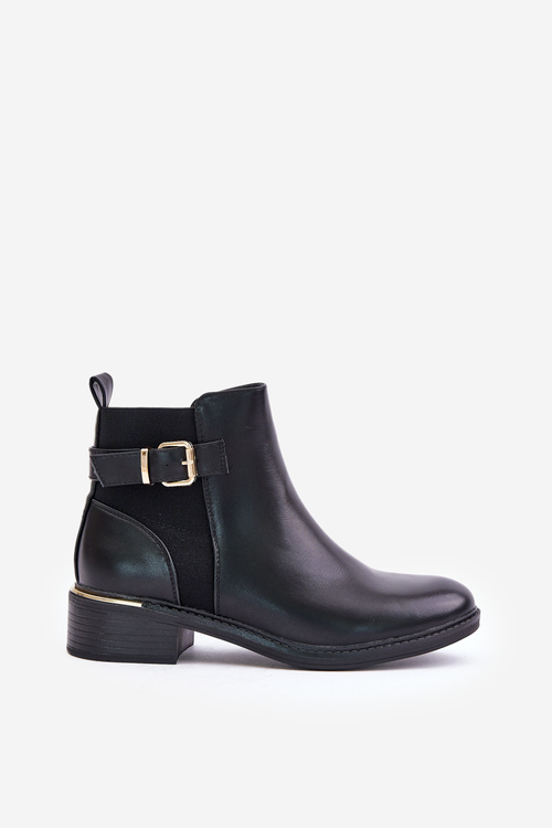 Women's Ankle Boots on Low Heels Insulated with Golden Buckle Black Inomira