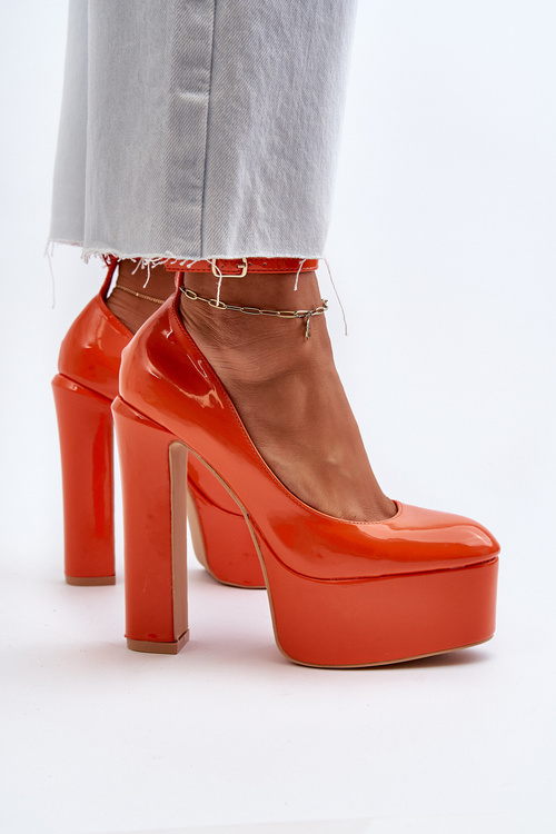 Orange Ninames Patent Leather Pumps on Chunky Platform and Heel