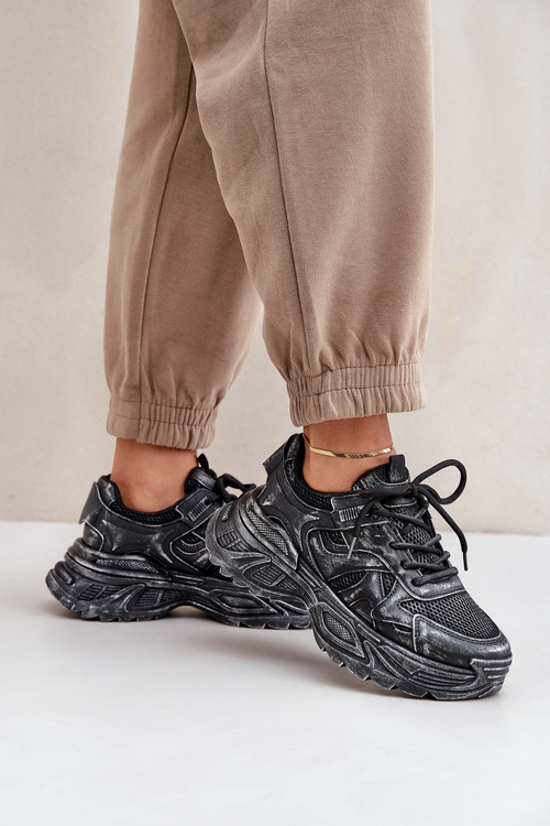 Damskie Sneakersy Z Przetarciami Na Platformie Czarne Seladwen
