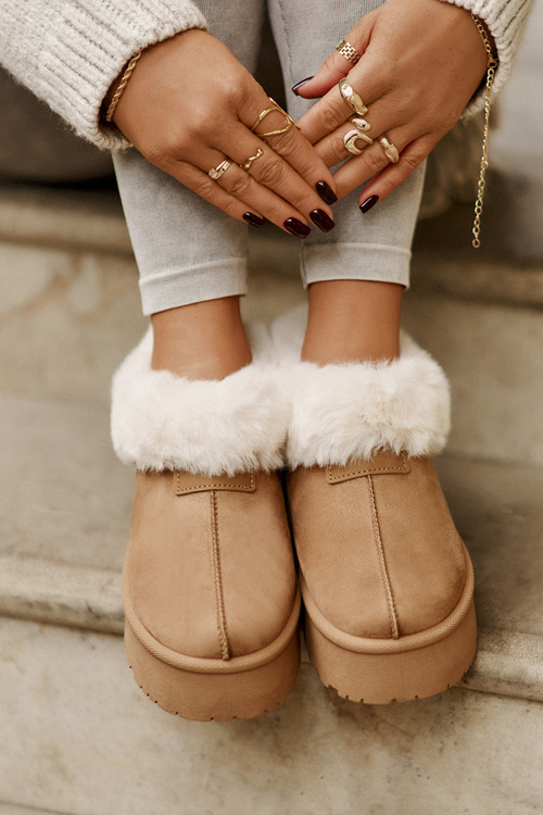 Śniegowce Z Futerkiem Eko Zamszowe Na Platformie Camel Neathoria