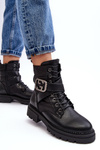 Gennee Leather Black Workery Boots with Chain