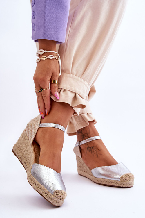 Leather Espadrilles Wedge Sandals Silver Cammer