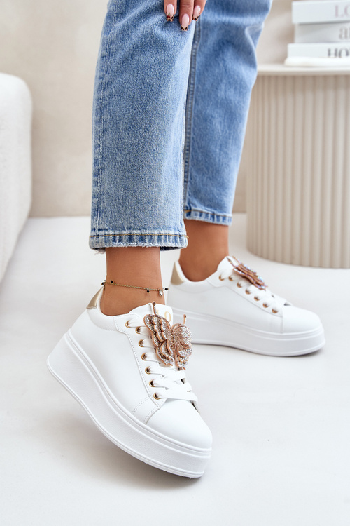 Damskie Eko Skórzane Sneakersy Na Platformie Motyl Biało-Złote Naritevia