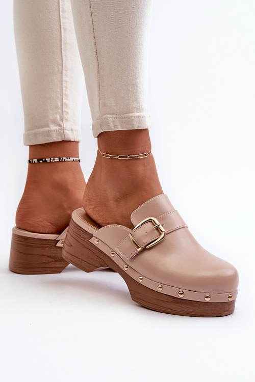 Women's Beige Slippers Clogs with Buckle Seprilla