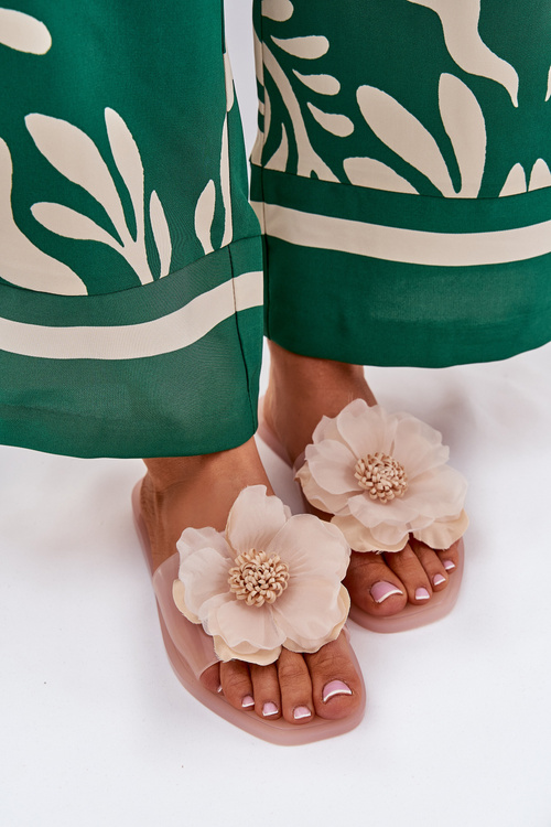 Klapki Damskie Ze Sztucznym Kwiatem Transparentne Płaskie Nude Vobetta