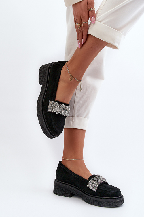 Mokasyny Zamszowe Ozdobny Pasek Damskie Czarne Zazoo 3419