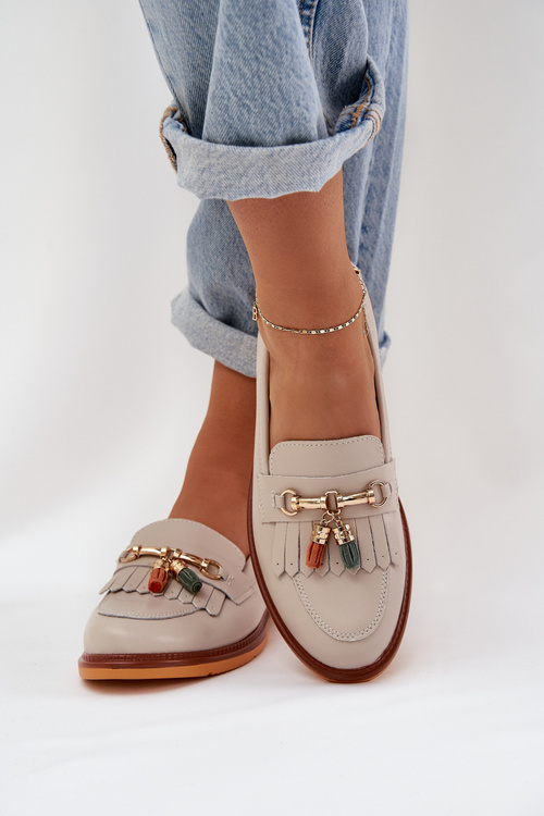 Leather Elegant Loafers On Flat Heel S.Barski LR51-768 Beige