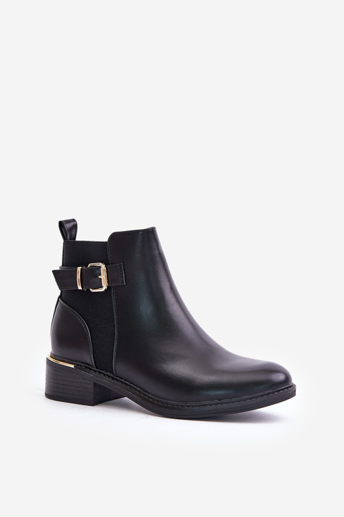 Women's Ankle Boots on Low Heels Insulated with Golden Buckle Black Inomira