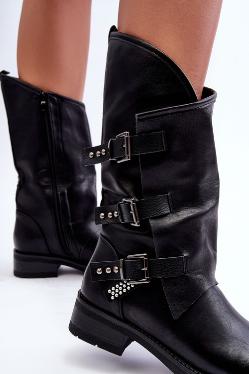 Women's Leather Ankle Boots On Flat Heel Black Nyreo