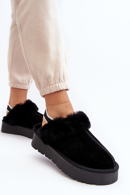 Leather Suede Slippers Women On Platform With Fur Black Sophienne