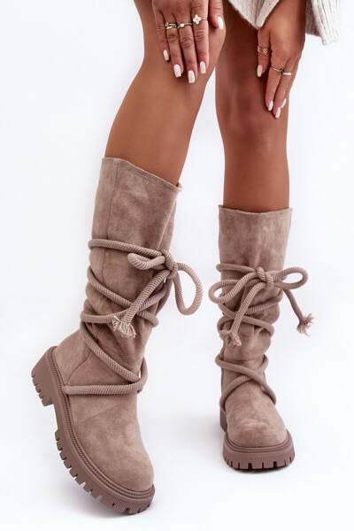 Women's Suede Boots With Lacing Beige Tanive