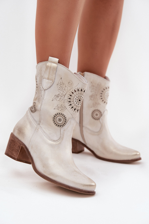 Suede Leather Women's Ankle Boots Perforated High Heel Zazoo 3844 Gold Distressed