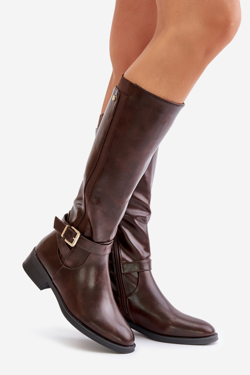 Kozaki Eko Skóra Płaski Obcas Złota Klamra Ocieplane Brązowe Arsisna