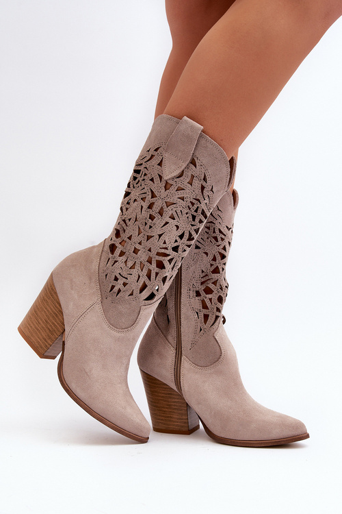 Botki Ażurowe Na Słupku Zamsz Cappucino Zazoo 3414
