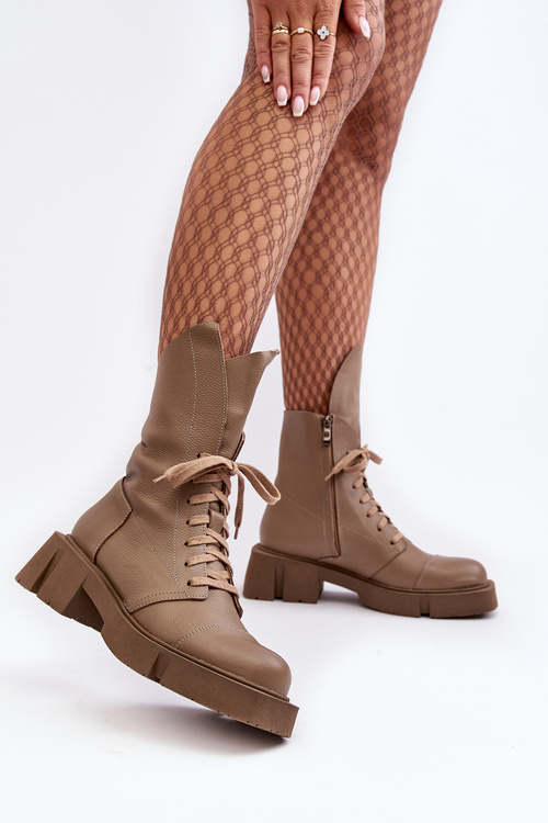 Botki Workery Skóra Masywny Płaski Obcas Ciemnobeżowe Zazoo 976A