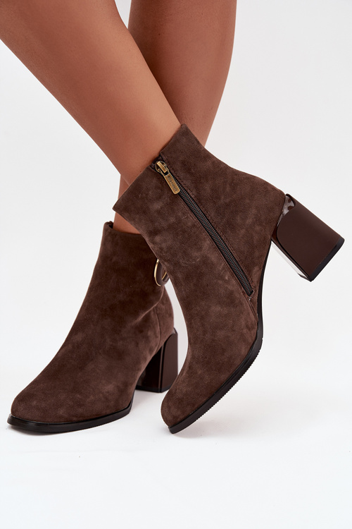 Suede Block Heel Boots with Lining Decorative Detail Artiker 57C0017 Brown