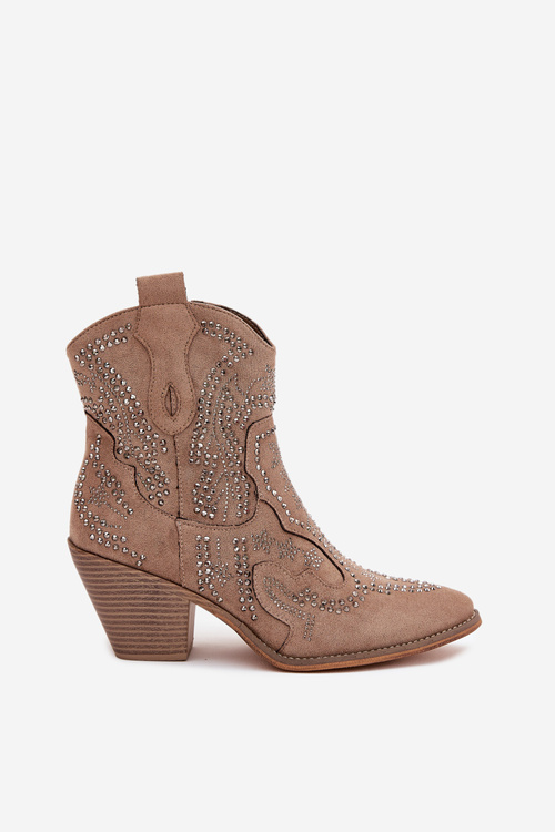 Warm Ladies Ankle Boots Cowboy Style With Decoration Beige Lelira