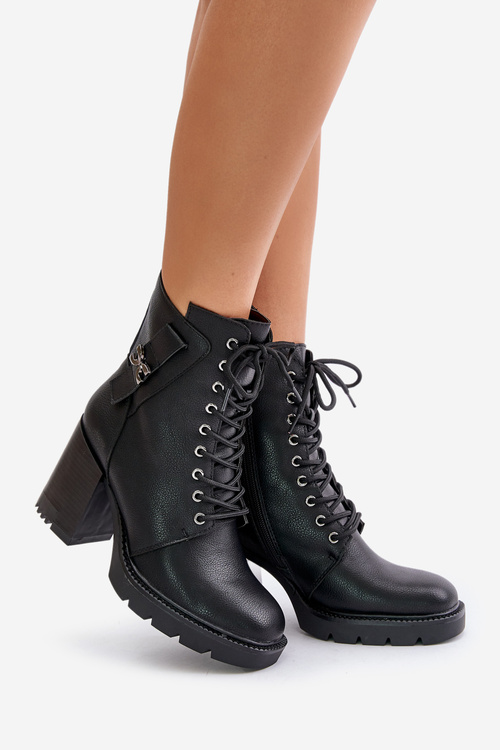 Botki Obcas Słupek Ocieplane Złoty Detal Czarne Ivarisse