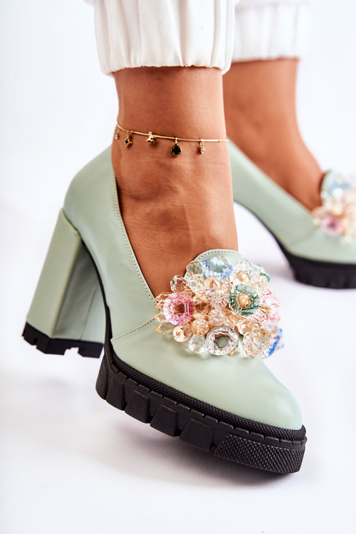 Elegant Pumps With Ornament Smooth Green Caterine