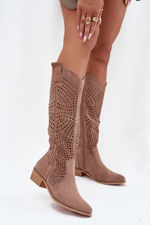 Perforated Women's Knee-high Block Heeled Boots Beige Fioris