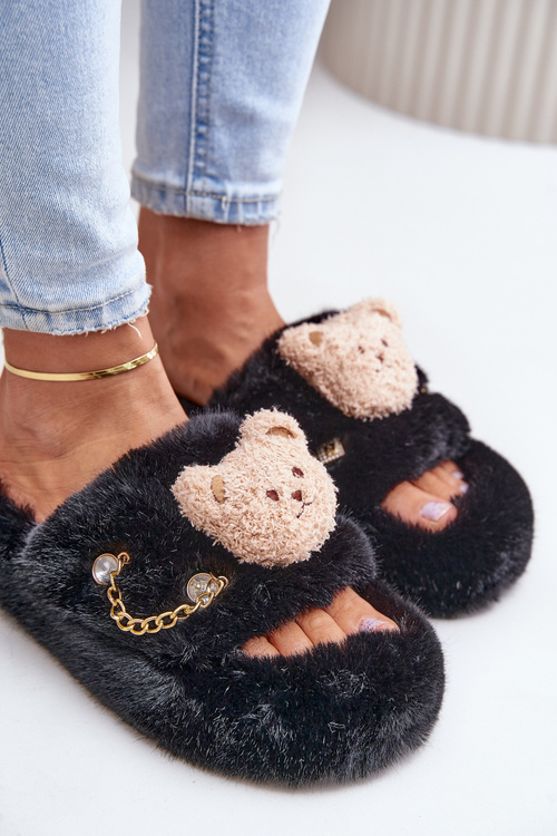 Ladies Fur Slippers With Bear And Decorative Elements Black Innalise