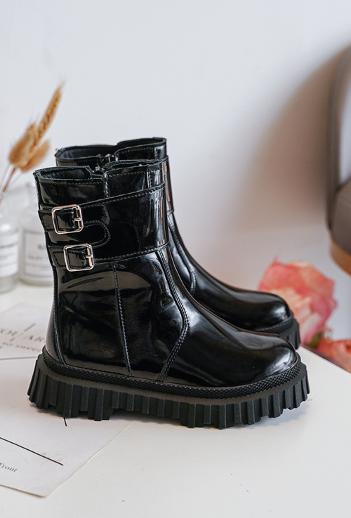 Children's Glossy Boots with Buckles Black Chloraia