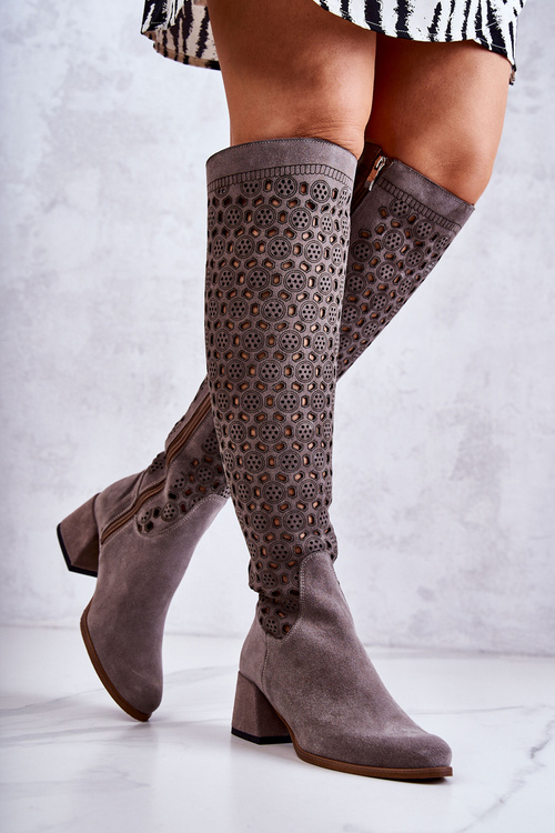 Openwork Suede High Boots Grey Hekilea