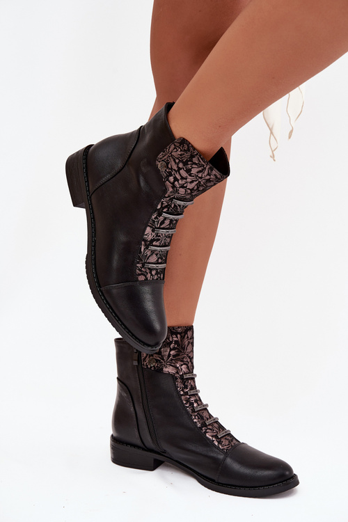 Insulated women's ankle boots flat heel flowers black Labise