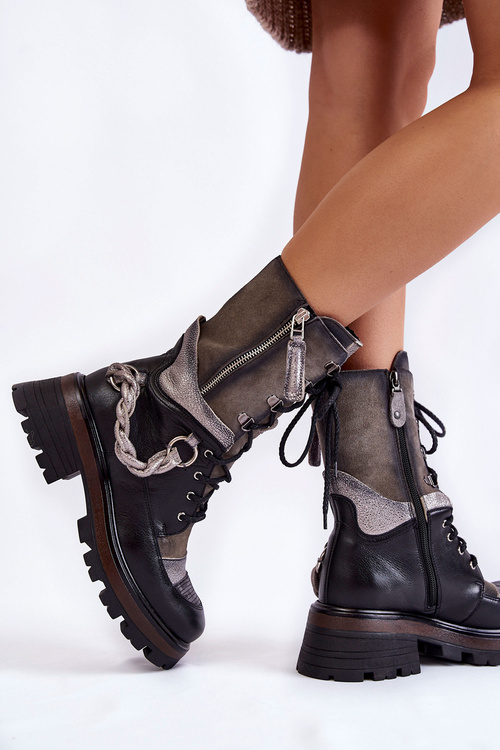 Botki Workery Skóra Wysokie Czarno-Szare Maciejka 05586-01