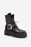 Zazoo 2942 Leather Worker Boots With Gold Buckle Black