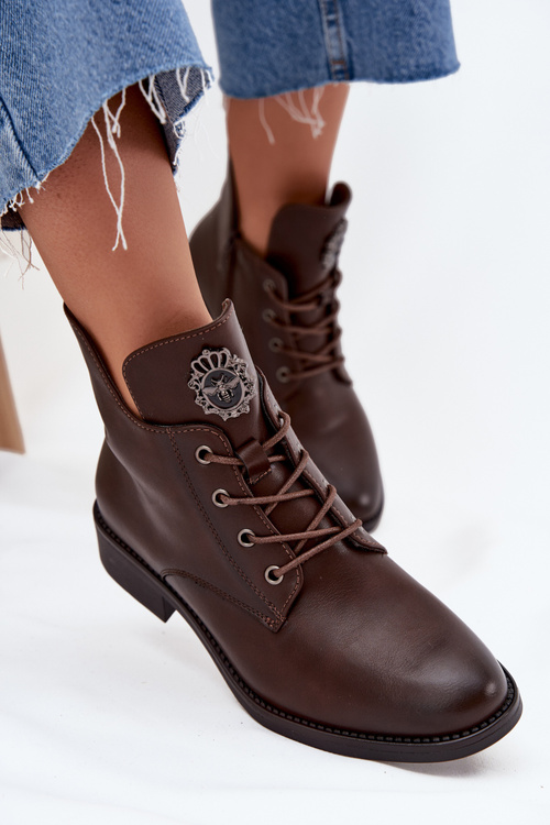 Low Women's Ankle Boots On Flat Heel With Decorative Detail Lined Brown Cylira