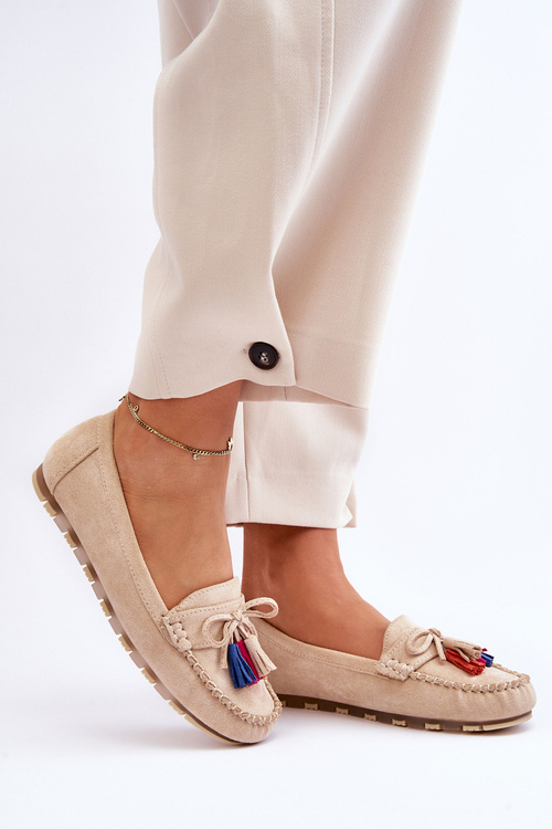 Suede Loafers With Bow And Fringes Beige Dorine