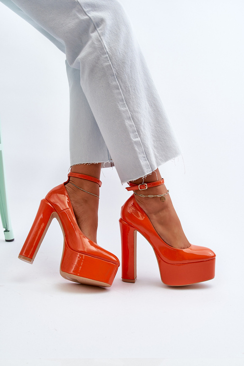 Orange Ninames Patent Leather Pumps on Chunky Platform and Heel